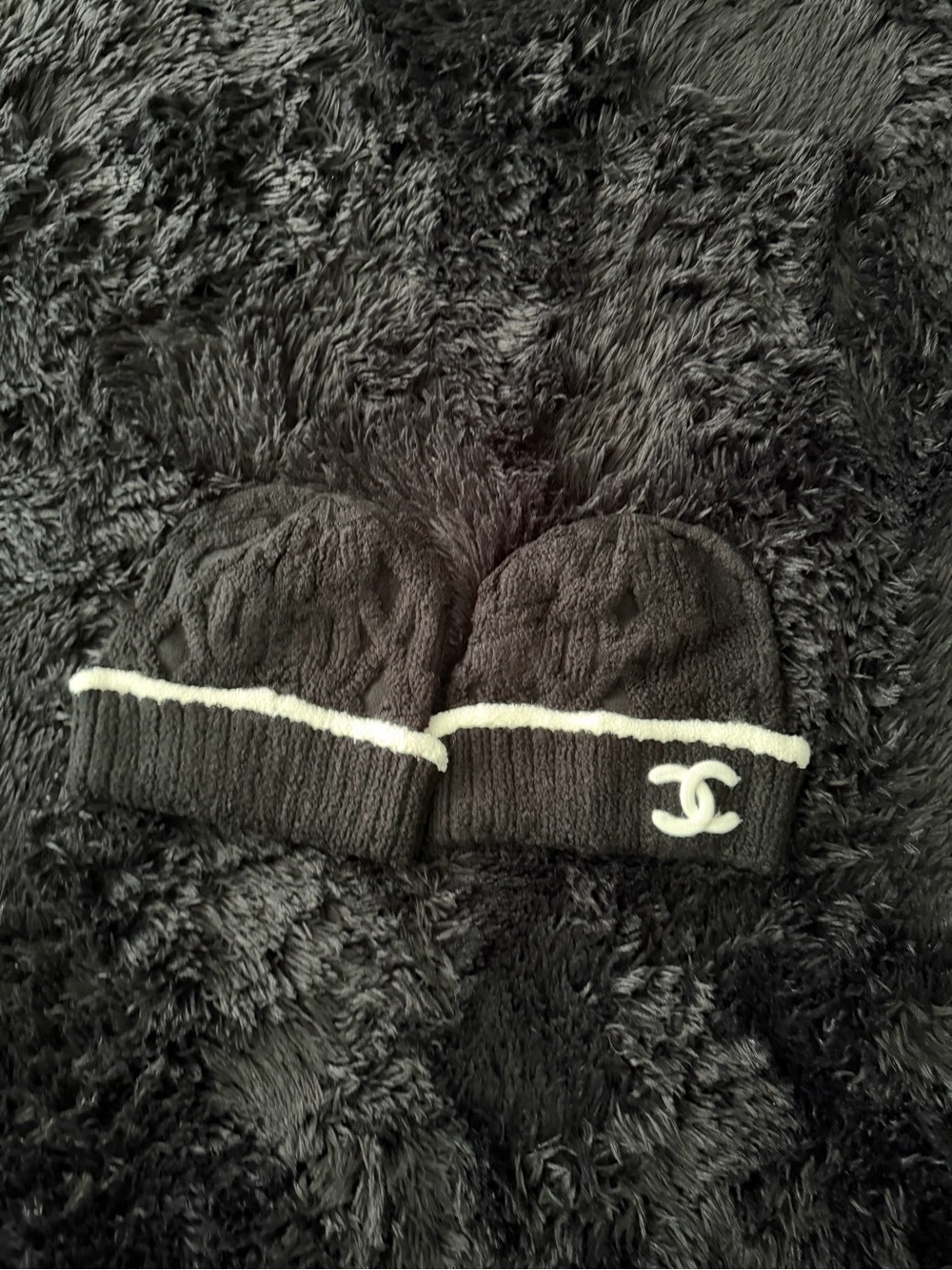CHANEL Black Knit Kids Beanie with White Trim and Logo